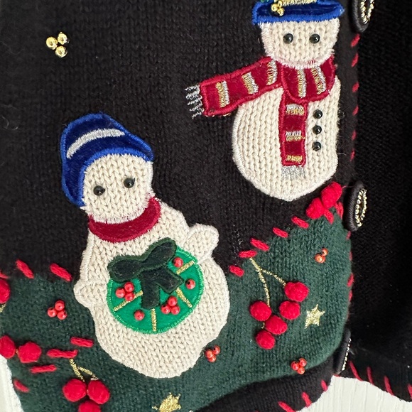 Designers original Christmas cardigan sweater with snowman and snowflakes large - Picture 2 of 5
